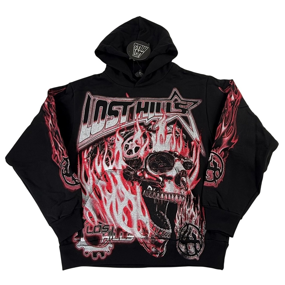 Lost Hills Skull Flame Graphic Hoodie Black Red Glitter Mens Small Made in USA